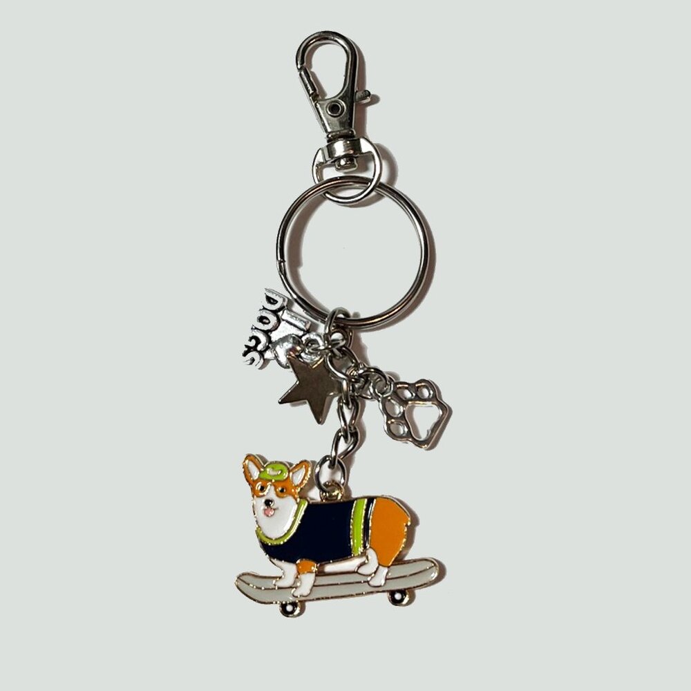 Adorable Skateboarding Corgi Enamel Keychain with Charms NWT